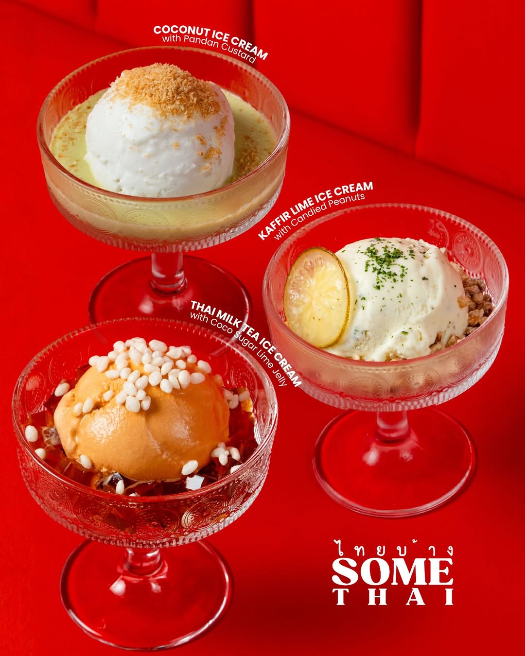 Ice cream trio — coconut, kaffir lime, red tea